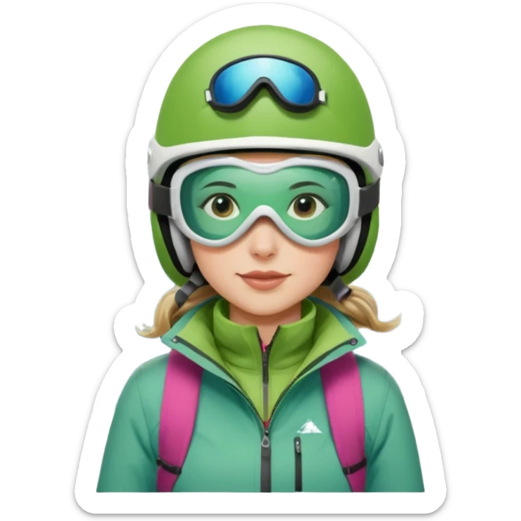Woman, skiing, White helmet, rosa goggles Green Jacket, green trousers, blue skibackground Matterhorn sticker