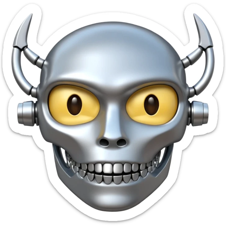 3D render of Steel Jaw, futuristic cyborg aesthetic, fusion of organic skin and chrome metal, brushed steel lower jaw attached to a pale skin face, emoji style, isolated on white background --v 6.0. sticker