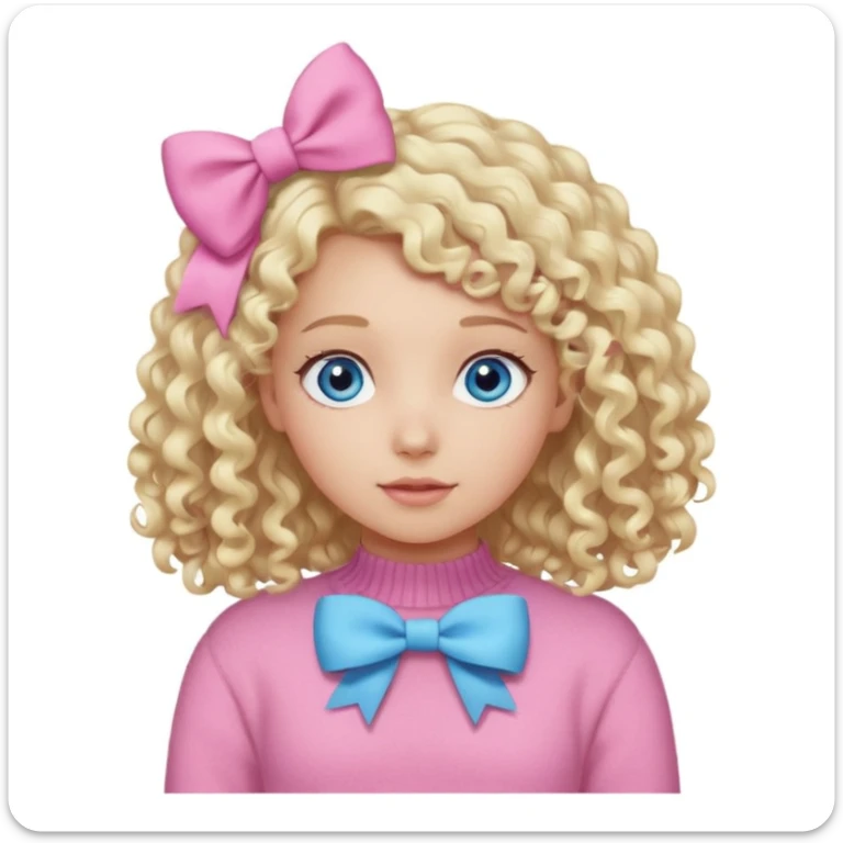 girl with blonde curly hair and blue eyes wearing a pink sweater and white hair bow sticker