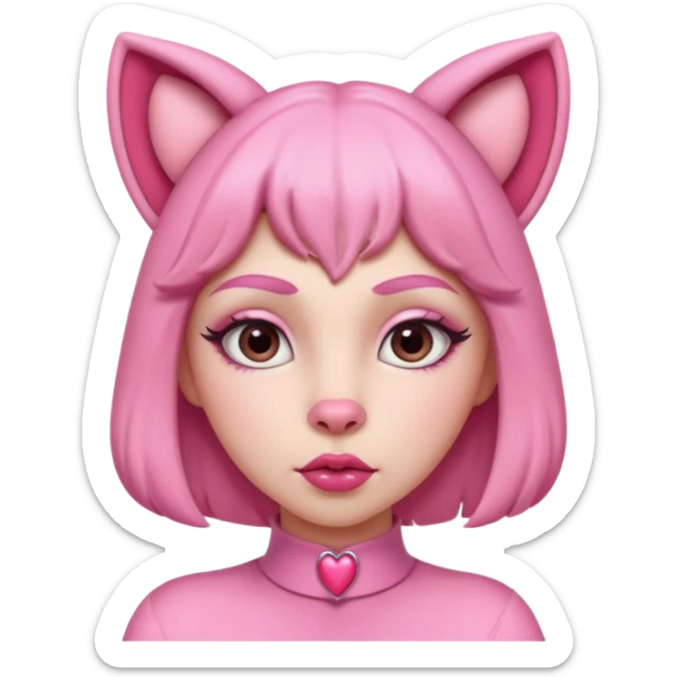 A woman dressed as a pink panther with soft pink skin, big expressive eyes, and glossy lips has a calm, pouty look. Pink animal ears and subtle heart details give her a sweet, playful vibe sticker