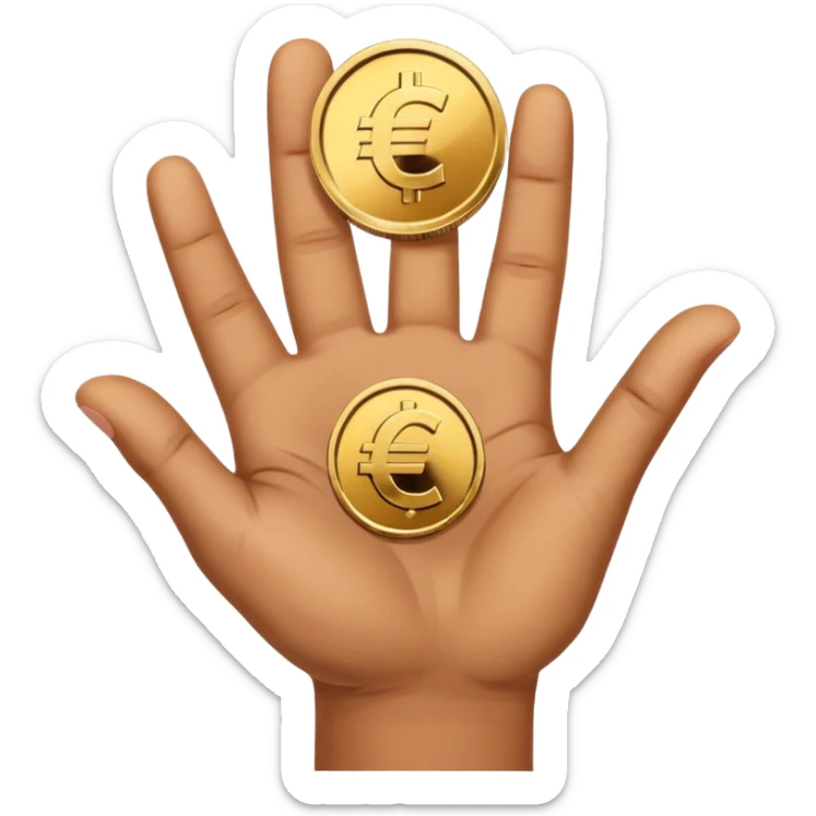 An open hand facing upwards holding a coin with a euro symbol in the center. The coin is placed slightly above the palm, symbolizing financial support or budget. sticker