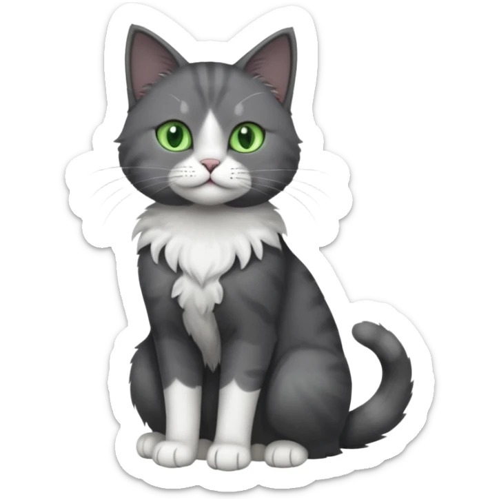 full body view of beautiful female solid dark grey cat with green eyes, white toes/paws and white patch on her chest sticker