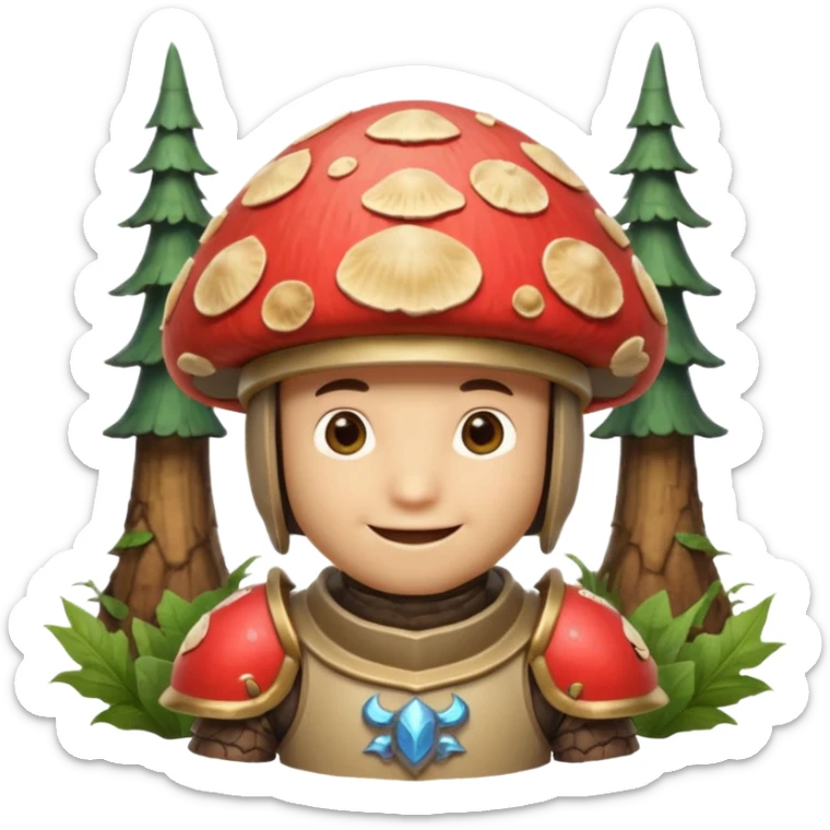 mushroom knight portrait, head and shoulders only, helmet made entirely of a large mushroom cap, textured mushroom surface, tiny fantasy armor collar, heroic smile, magical forest vibe, 3D cartoon, mobile game icon style, clean background, no text, no watermark
 
 sticker