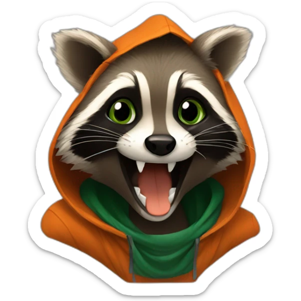brown raccoon with orange eyes and a dark green hood that is laughing sticker