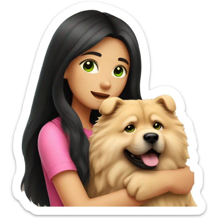 girl with very long black hair and green eyes and pink outfit hugging a beige fluffy cute chow chow dog sticker