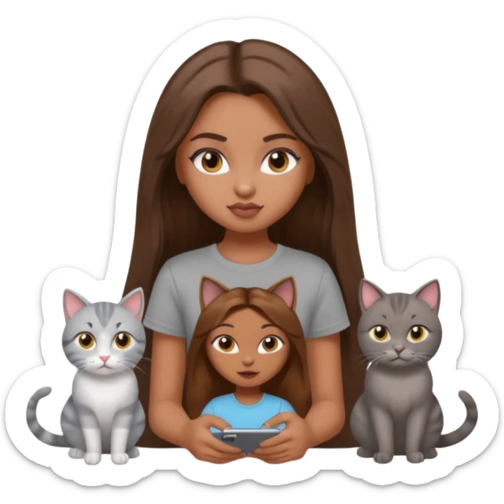 a pretty bratz dusky girl with long brown hair with four cats nd wearing a grey tshirt sticker