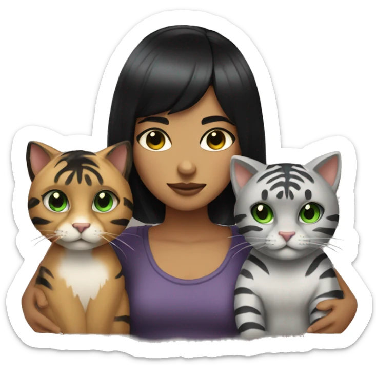 girl with short black hair, micro bangs, green eyes holding two cats one is black the other looks like a grey tiger  sticker