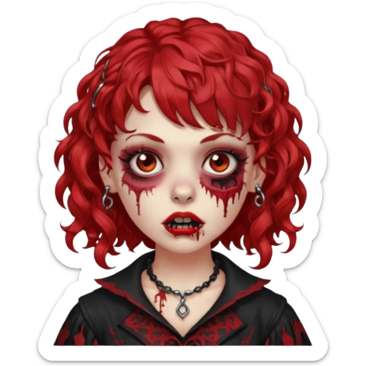 zombie girl red hair cacheado médio e franja, com piercings na boca, nariz e sobrancelha,  roupa gótica  sticker