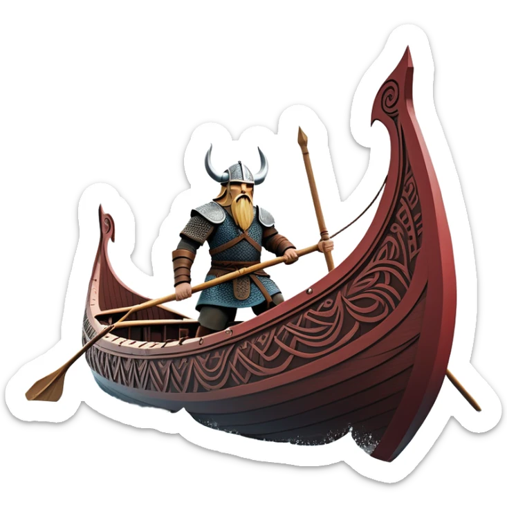 clash-of-clans-aesthetic_-cinematic-viking-longboat, rendered in a flat, bold vector style with minimal shading, featuring a striking dragon-headed prow slicing through icy, churning waters. shields on the side and vikings rowing The longboat’s intricately detailed shields and carved motifs evoke a sense of epic adventure and Nordic might, with billowing sails catching a dramatic, stormy sky backdrop. sticker