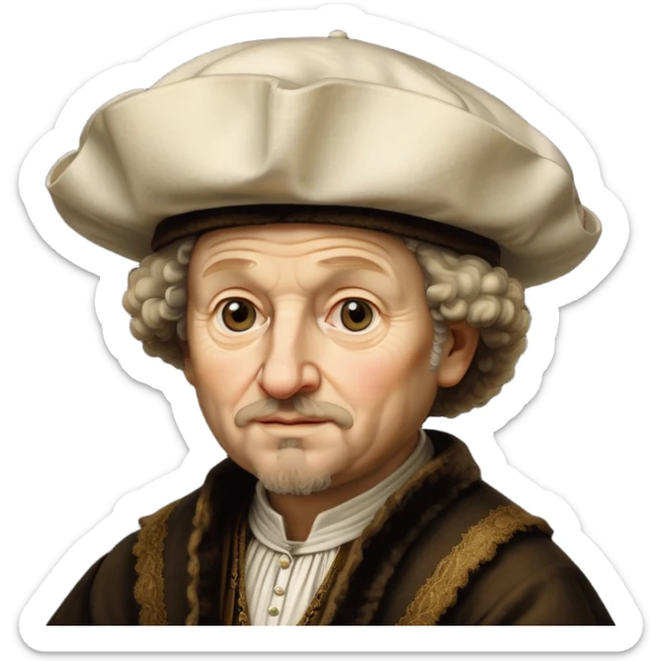emoji of rembrandt,-shown-as-a-master-artist-with-deep,-introspective-eyes-and-richly-detailed-period-clothing,-rendered-with-dramatic-chiaroscuro-lighting-that-emphasizes-his-legacy white puffy hat sticker