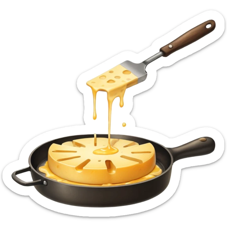 a half wheel of raclette cheese being scraped with a metal spatula, melted cheese flowing, warm golden colors, modern emoji style, clean outlines, transparent background sticker