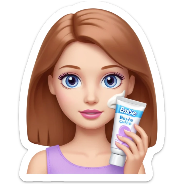 Barbie girl Chestnut Shoulder-length hair and blue eyes is In pale purple applying cream on face sticker