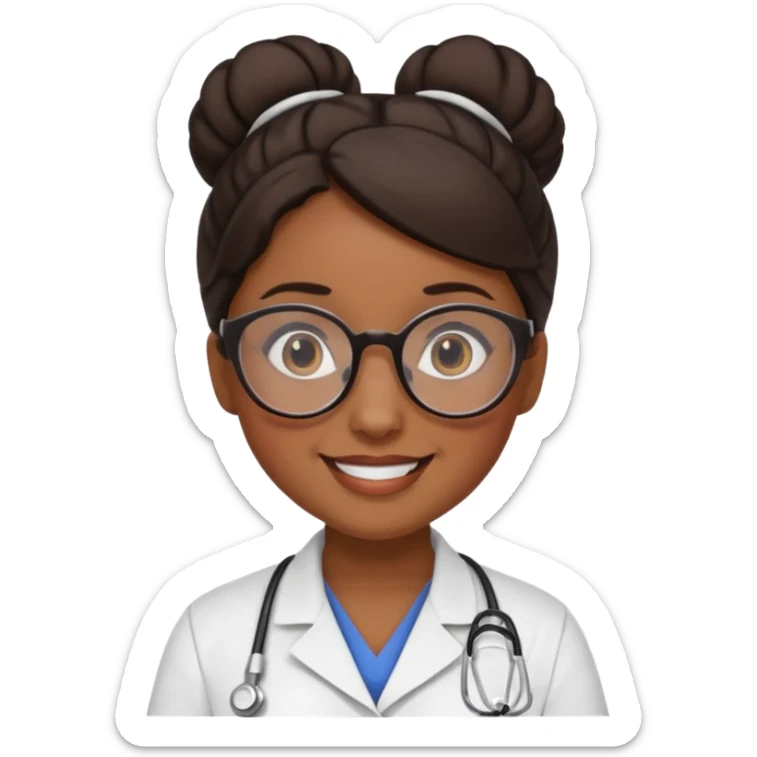 una enfermera escolar con gafas llamativas y un moño pequeño, morena de piel y pelo sticker
