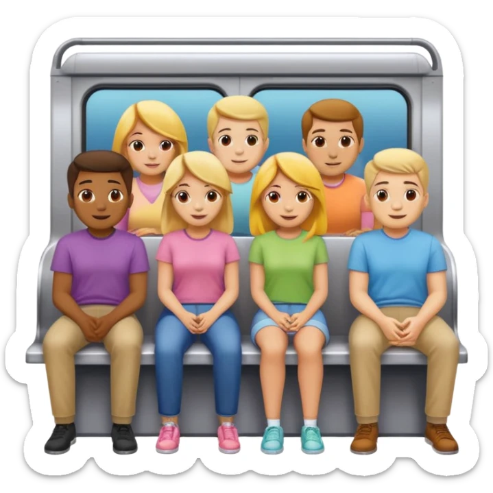 group of five cheerful people, men and women, standing and sitting close together in a subway car like Apple emoji subway with colorful outlook, dressed in different pastel t-shirts, Apple emoji style sticker