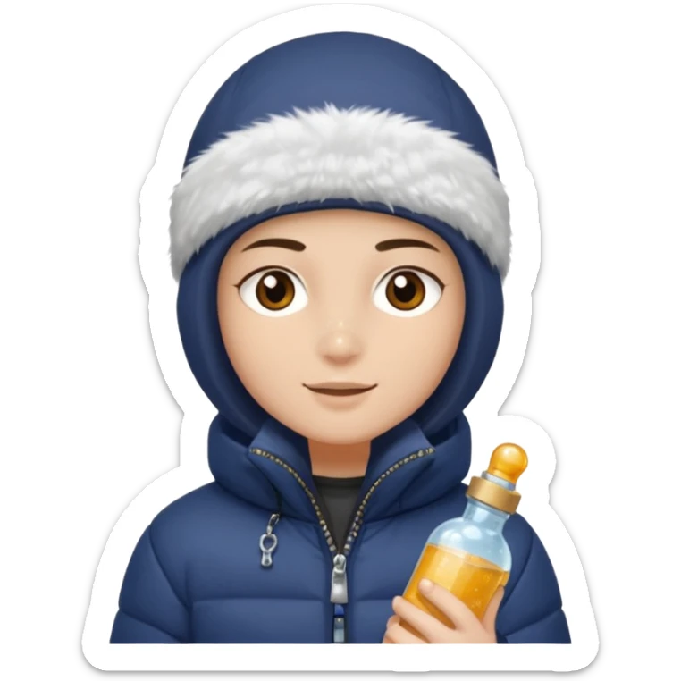 Junge mit Sturmhaube braune augen auf der rechten seite kleinen nasenpircing (glitzerstein) in der Rechten hand eine Jacky flasche und einer winterjacke mit fell an der mütze sticker