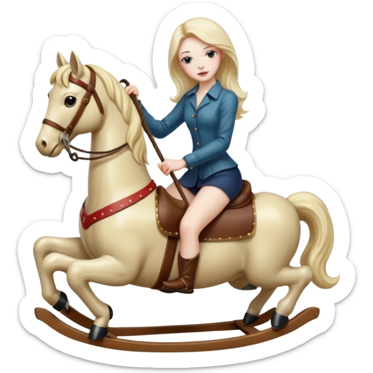 synthwave, Scrooge style, oil paint, mysterios - Seductive naked skinny woman rides a rocking horse and holds a huge dildo sticker