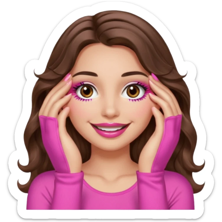 girl with long wavy brown hair, brown eyes, long lashes, sexy pink lips, light to medium complexion, wearing a pink sexy top, smiling, hands covering over the eyes sticker