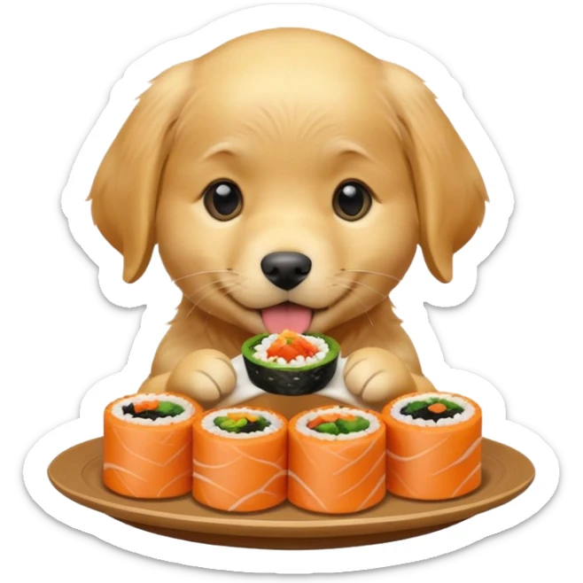A cute golden retriever puppy eating gimbap in iPhone emoji style, soft 3D glossy texture, bright vivid colors, no outlines, centered composition, transparent background. sticker