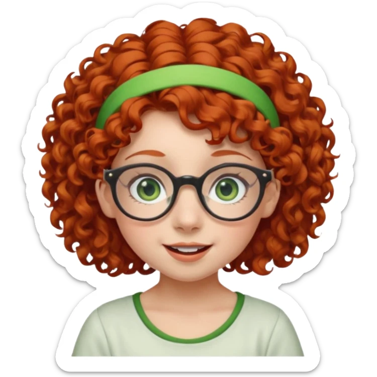 redhead kid with unique face features and very curly hair kid girl happy and big glassess and big nose and very green eyes and headband sticker