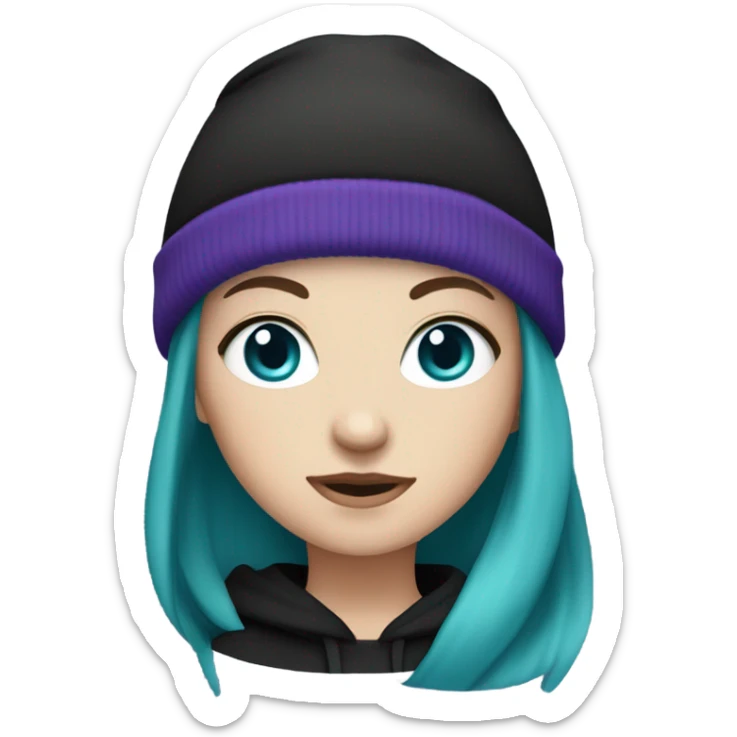 White girl, black hoodie, teal hair, purple beanie hat, blue eyes sticker