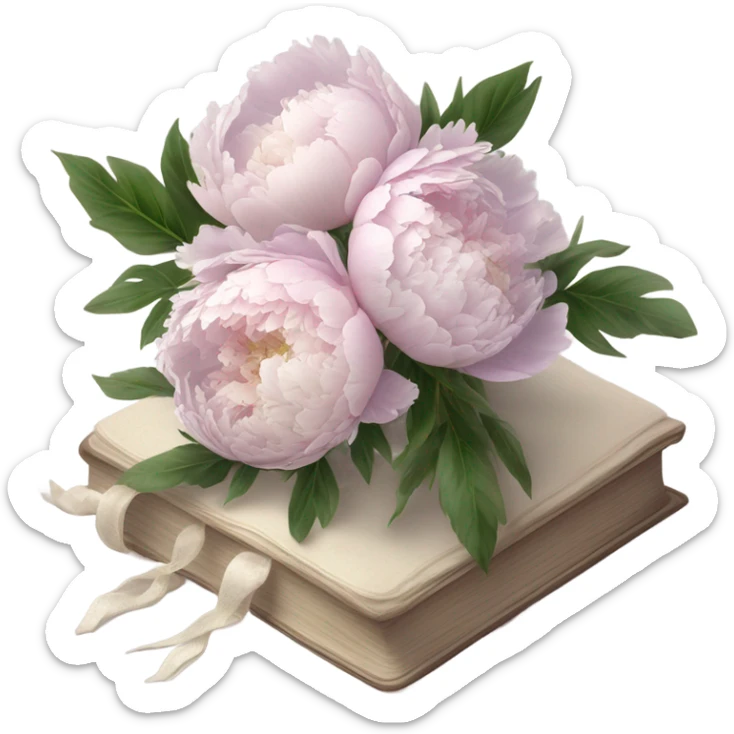 A vintage-inspired bouquet of pale violet and blush peonies resting on a lace-covered book. sticker