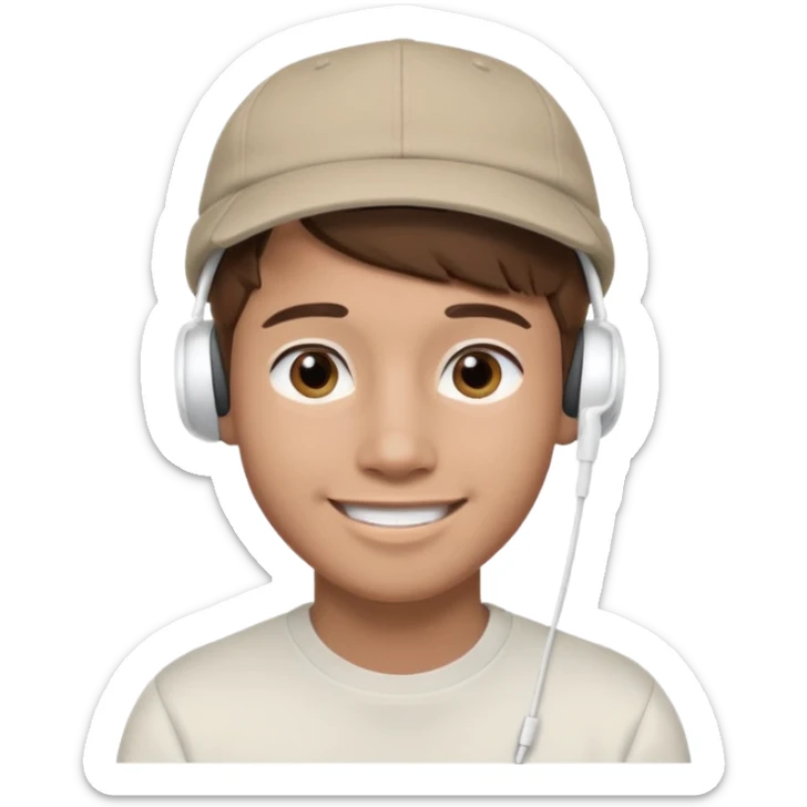 Only the head of a young guy with brown hair smiling with airpods in his ears and a cap on his head turned back. sticker