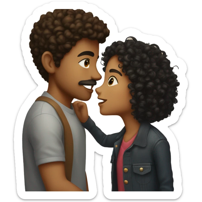 A boy with black short curly hair, brown eye, Knob and mustache, kissing a girl with long, honey blonde curly hair, hazel eyes  sticker