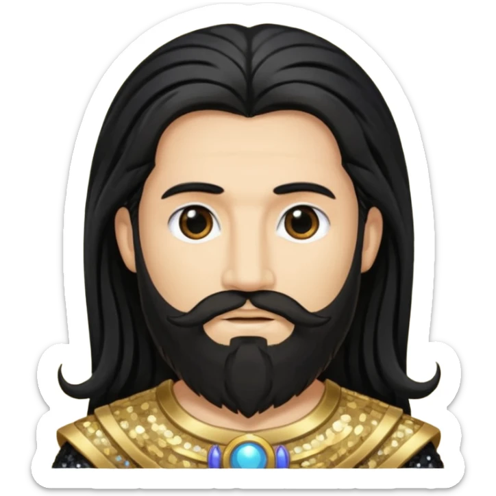 Saturn, God of Time with long black hair and beard, black sequin outfit sticker