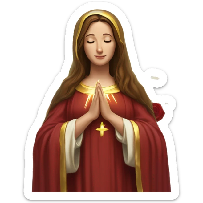 Virgin Mary: kind face looking down at the left, long brown hair, Wearing an emerald green  robe with gold stars and a burgundy red dress,  Hands in prayer or blessing. Halo around her head. standing in front of a big sun. colorful roses on the sides  sticker