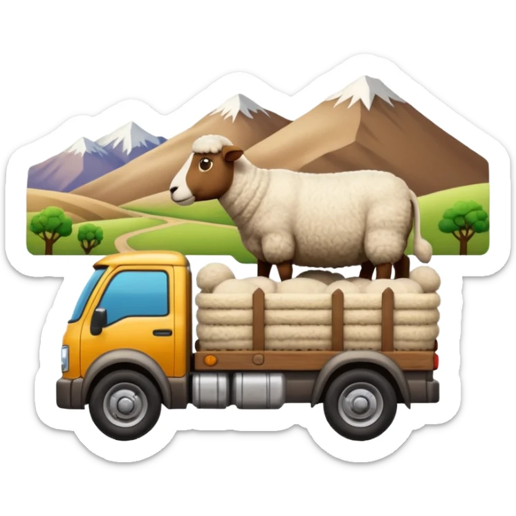 Cartoon 3D emoji of a Peruvian rural truck transporting sheep in the back, wooden cargo bed, Andes mountain landscape, dusty countryside road, glossy finish, bold outlines, vibrant natural colors, sticker design, transparent background sticker