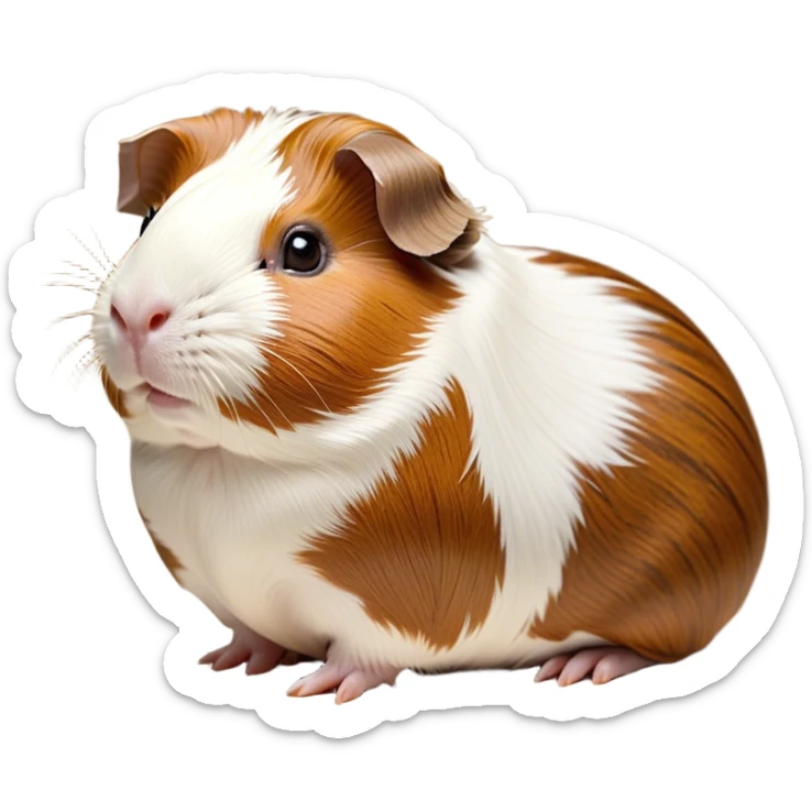 Cinematic Noble Brown and White Banded Guinea Pig Portrait Emoji, Poised and regal, with a compact, chubby build and a uniquely patterned fur of warm brown and crisp white banding, deep-set soulful dark eyes, Simplified yet sharp and sophisticated features, highly detailed, glowing with a soft, dignified glow, high shine, intelligent and charming, stylized with an air of distinctive elegance, focused and attentive, soft glowing outline, capturing the essence of a watchful and confident companion, so majestic it feels as though it could scurry out of the screen with effortless authority! sticker