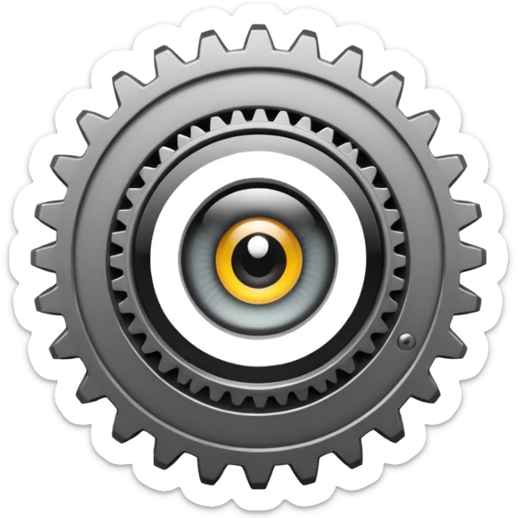 Minimalist emoji-style sticker of a mechanical gear with a realistic eye in the center. Flat graphic icon in grayscale. sticker
