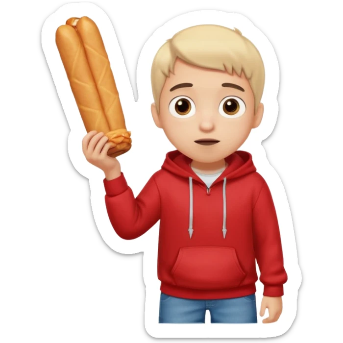 ute funny Spanish cartoon boy named Peque Tito, red hoodie, denim shorts, big expressive eyes, holding a churro, Pixar-style, viral character.” sticker