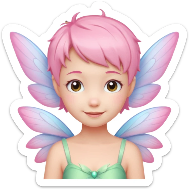 A tiny pastel fairy with pink short hair with glowing wings and a sweet smile  sticker