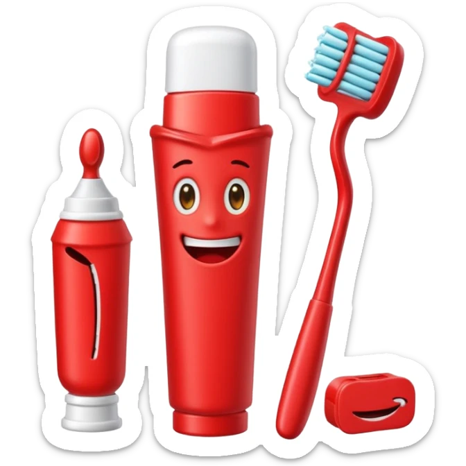 quiero que me hagas emojis de dentista rojos, no pero osea de los cepillos, pasta hilo y así pero en color rojo  sticker