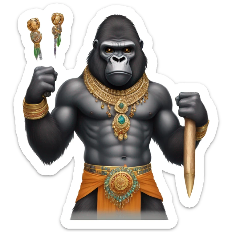 male gorilla with indian male jewellery and  indian traditional wear, holding a  huge weapon, humanoid, holding another  huge weapon  sticker