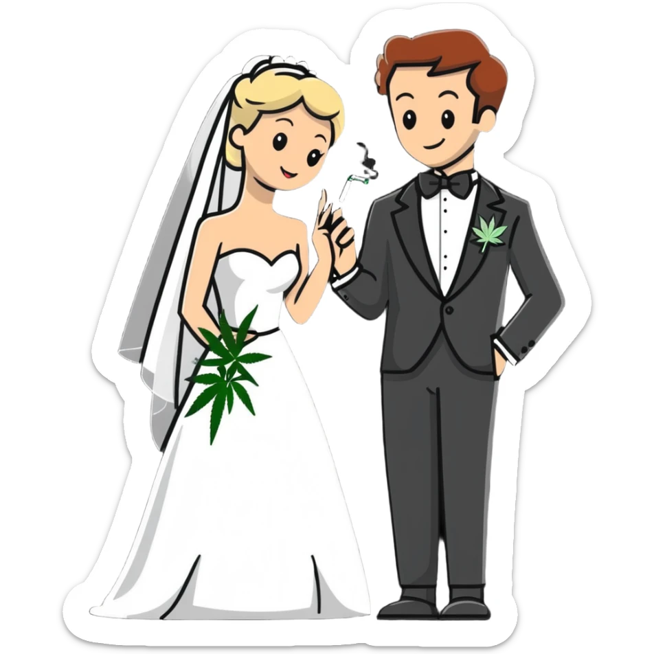 Bride in white dress and groom in tuxedo sharing a cannabis joint, cheerful cartoon wedding couple sticker