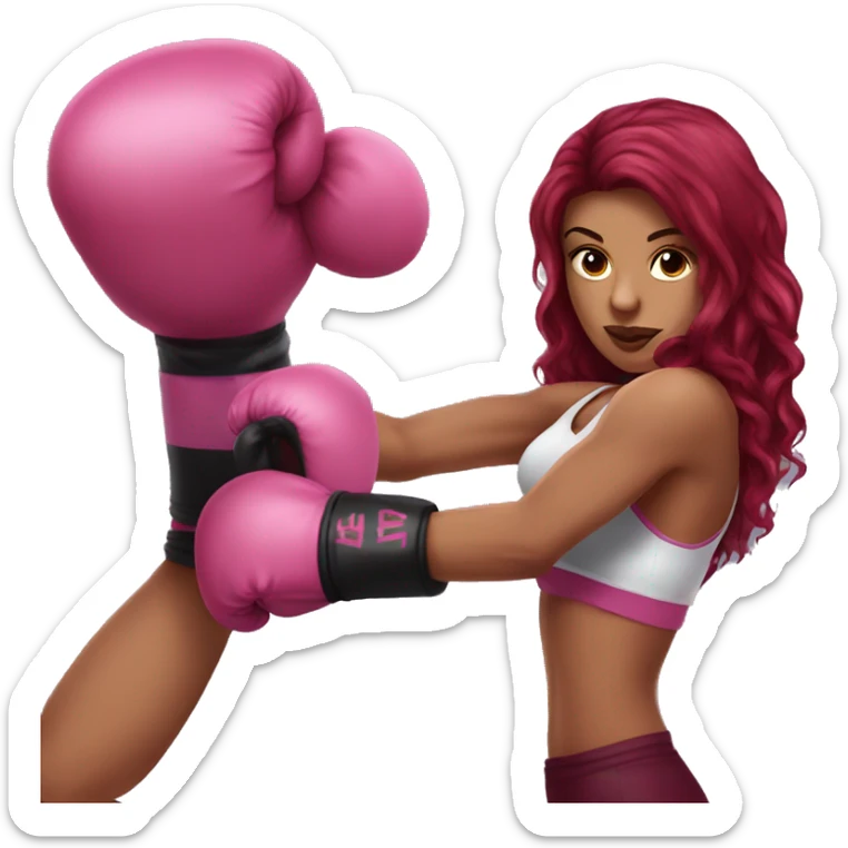 Beautiful tattooed  burgundy long haired woman boxing with pink gloves sticker