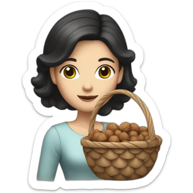 White girl with black and small hair holding a basket of walnuts sticker