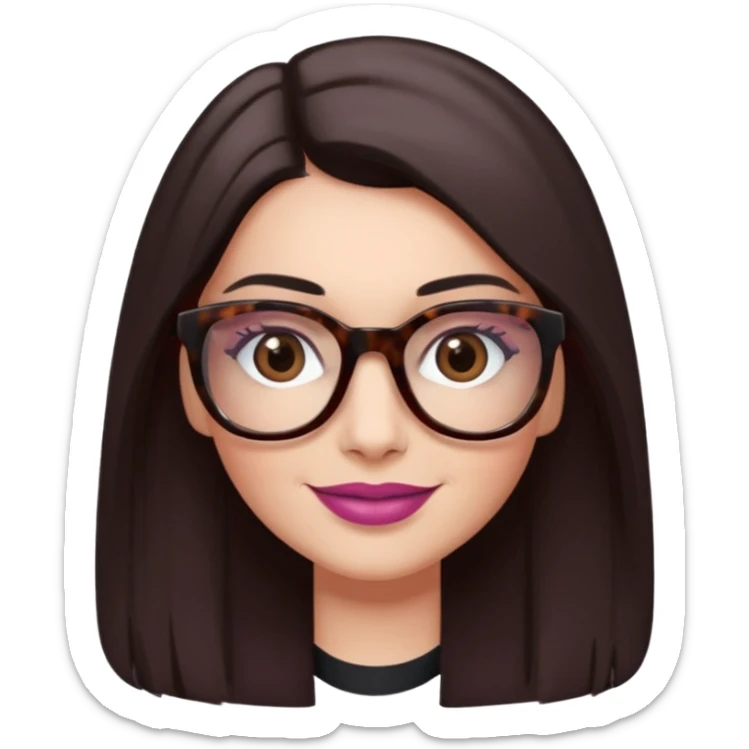White woman with long straight dark brown hair parted in the middle, dark Brown eyes, light tortoiseshell framed glasses (no pink colour). The lips have soft dark old pink coloured lipstick, and lith smile (no teeth showing). No shaddow make-up in the eyes. sticker