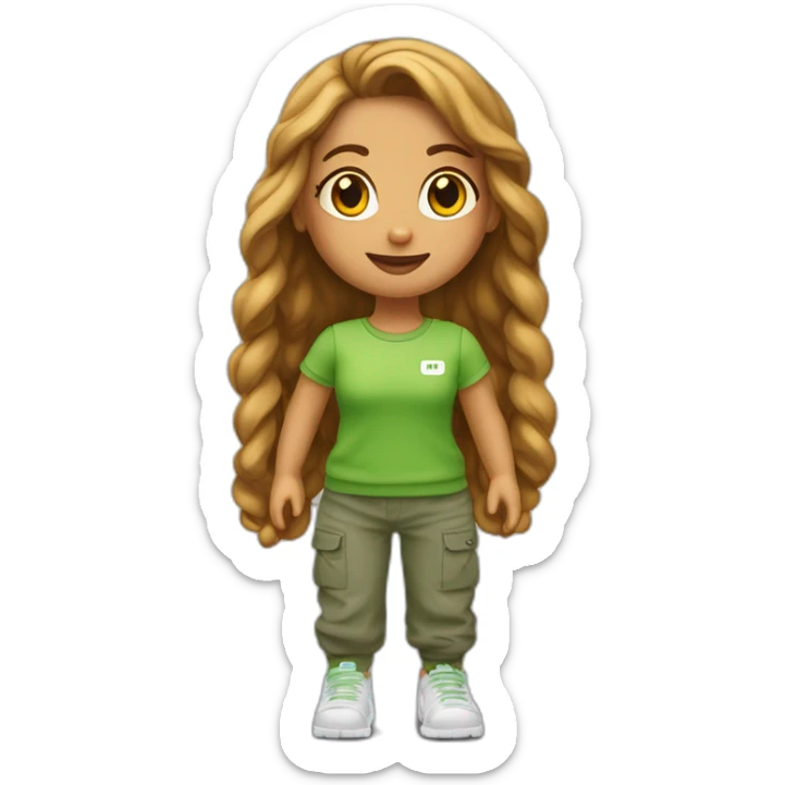 Een meisje met steil lang haar met een groene truien en een wide cargo broek en witte Nike sticker