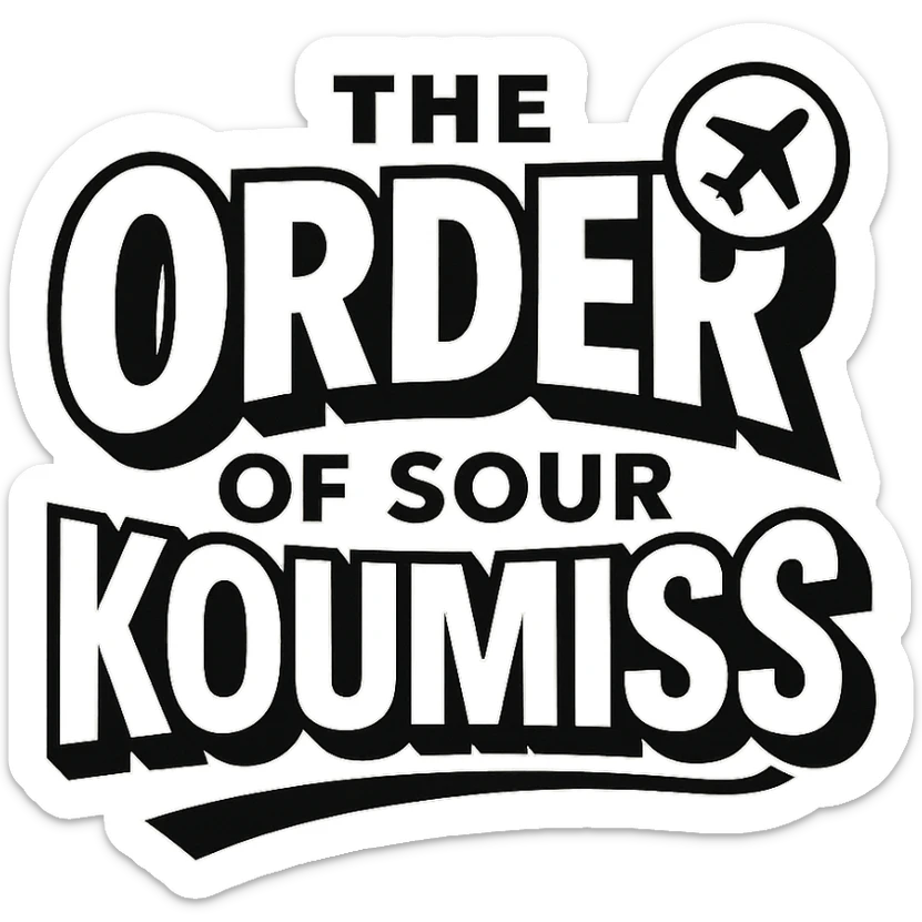 A retro 90s logo for 'The Order of Sour Koumiss' with bold typography and a subtle travel-related icon, in black and white sticker