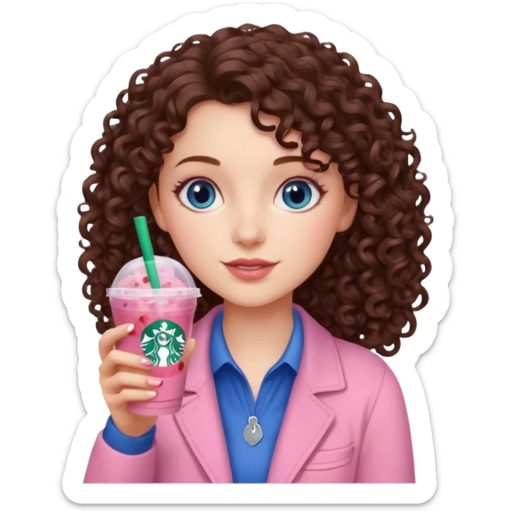 make an emoji of a curly brunette blue eye girl wearing light pink drinking a strawberry acai refresher from starbucks sticker
