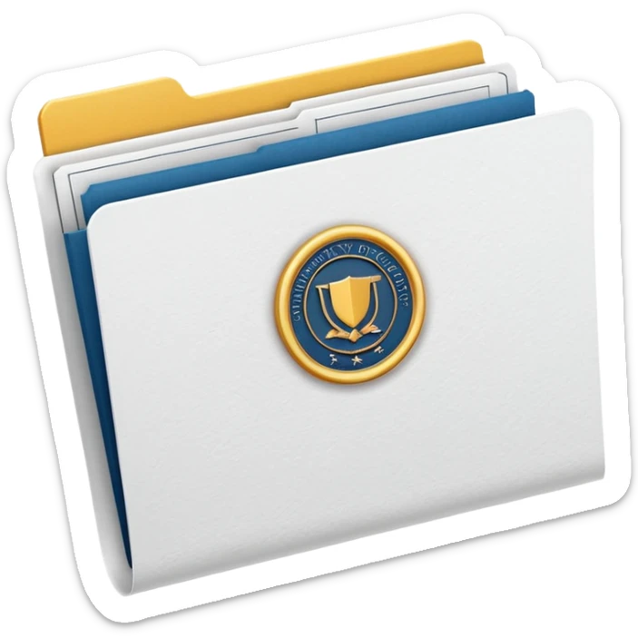 A simple emoji-style icon of a white textured paper folder, clean and formal, with sharp edges, minimal shading, and an embossed university degree/certification seal on the front, conveying academic achievement and official records. white white white  sticker