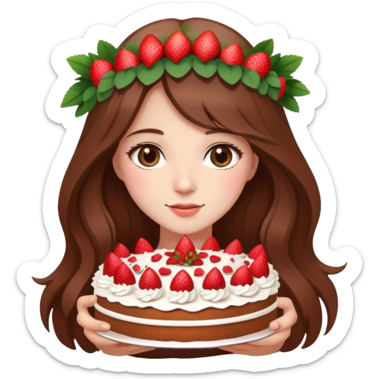 A beautiful girl with long brown hair and a wreath holding a strawberry cake sticker