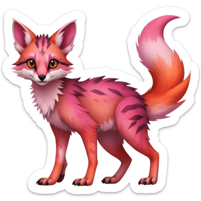 Feral Rare Fantasy dark pastel gradient-pink-red-orange Vernid-Sergal-Genet-species by LiLaiRa, random markings, tufted ears, full body, 4 legs sticker