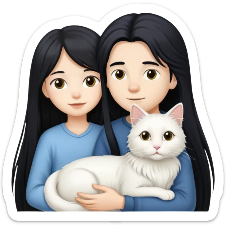 A young boy and a girl with long black hair holding a white long-haired cat sticker