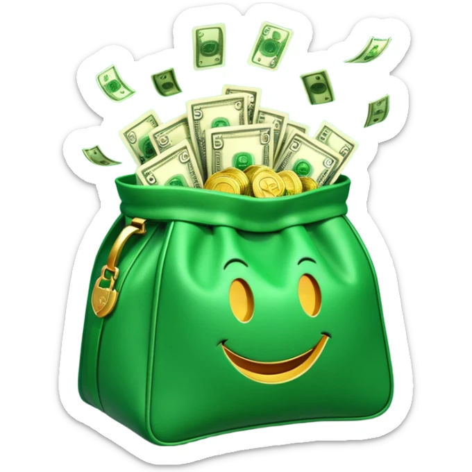

3D emoji style, big bag of money, flying dollar bills, rich casino vibe, smooth lighting, high detail, clean edges, transparent background



 sticker