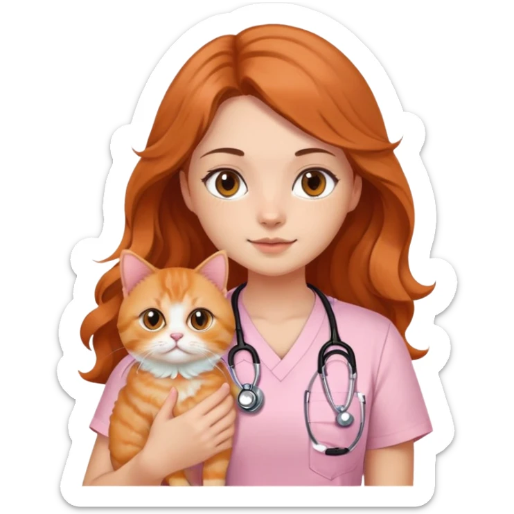 a girl with black eyes and long wavy hair, wearing a soft pink short-sleeved round neck tshirt with a stethoscope on her neck while holding an orange persian cat sticker