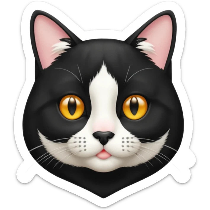 A tuxedo cat, top half body, a black mark near his mouth under the nose sticker